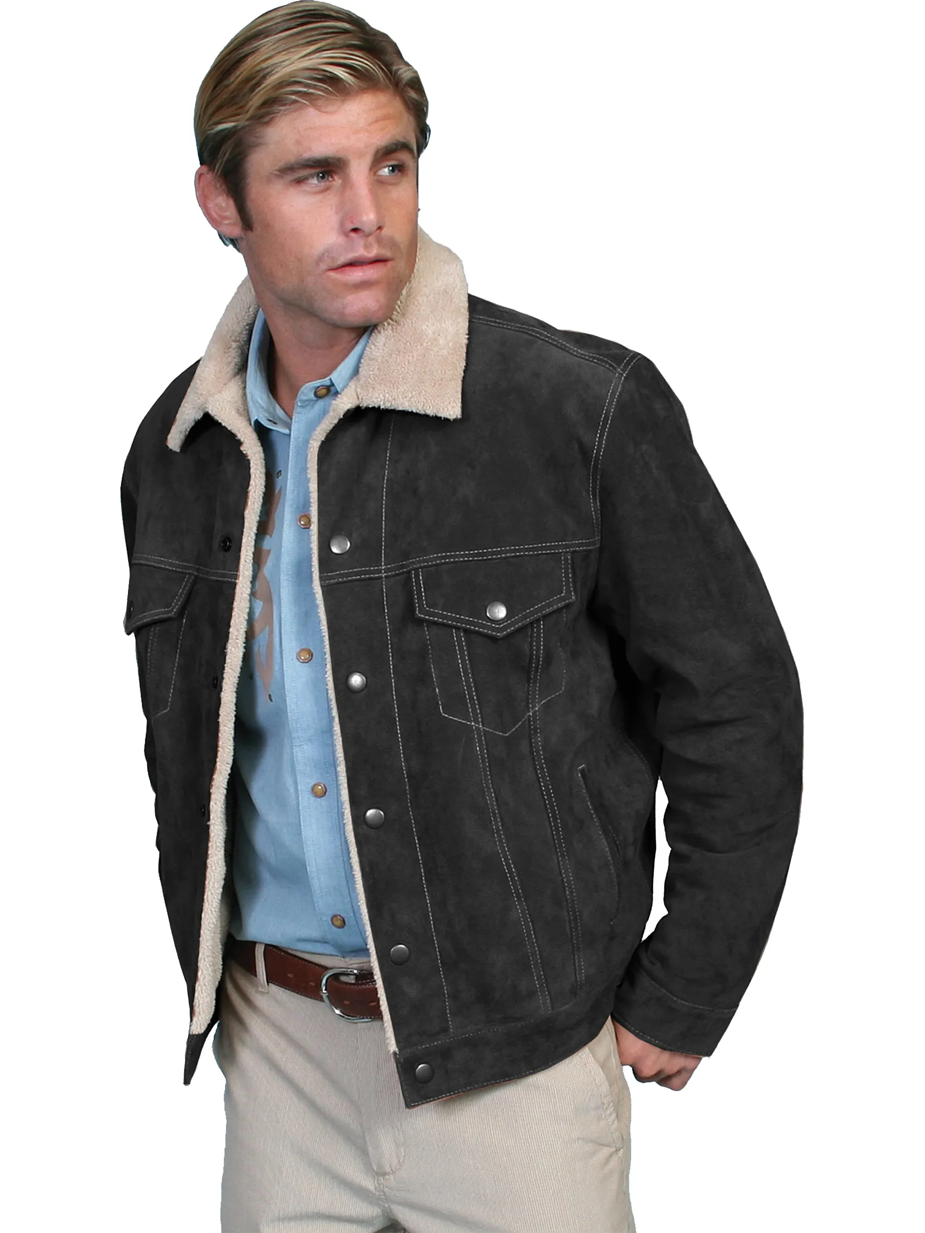 Scully Leather Mens Boar Suede Sherpa Fleece Jean Jacket Black