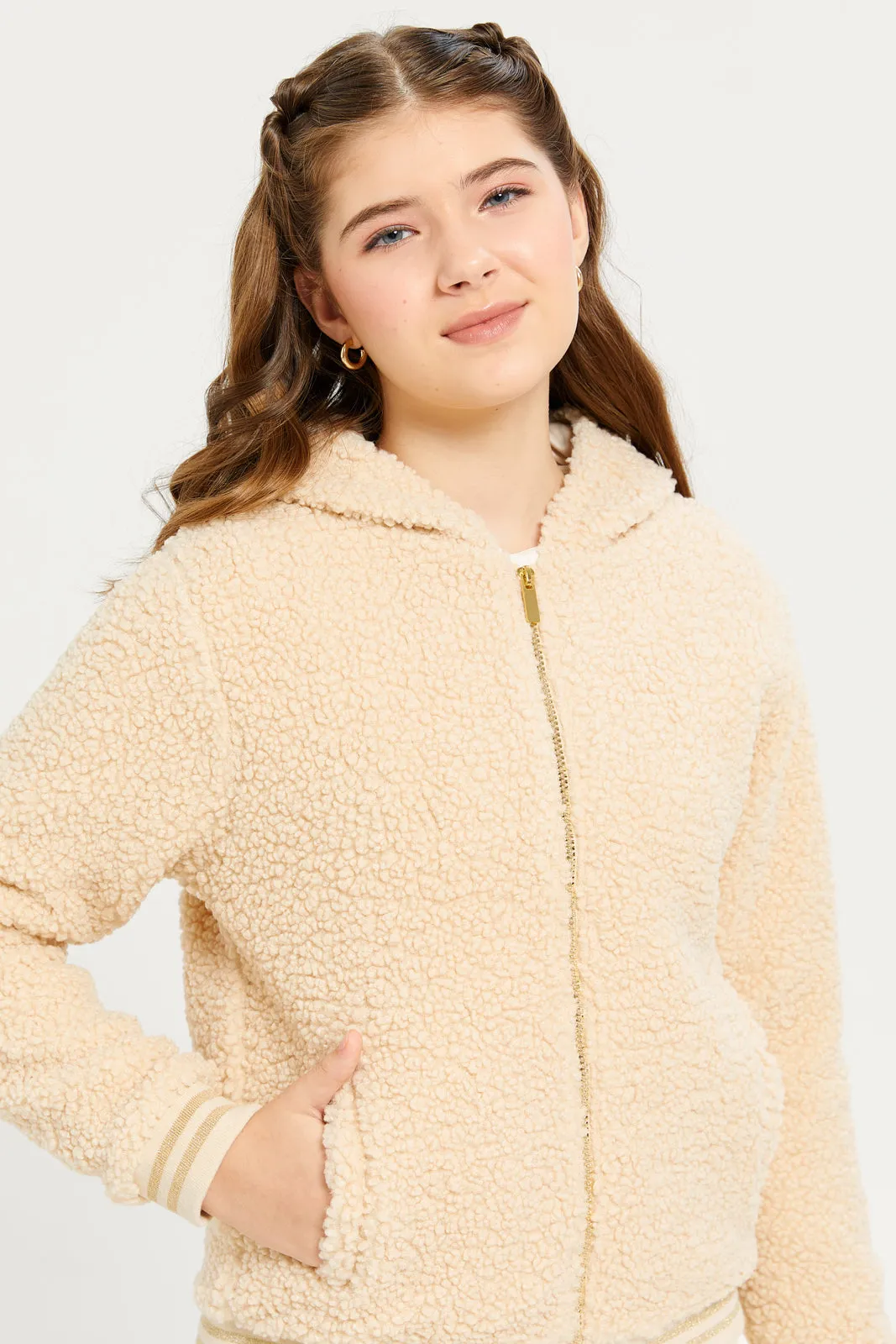 Senior Girls Beige Sherpa Hooded Baseball Jacket