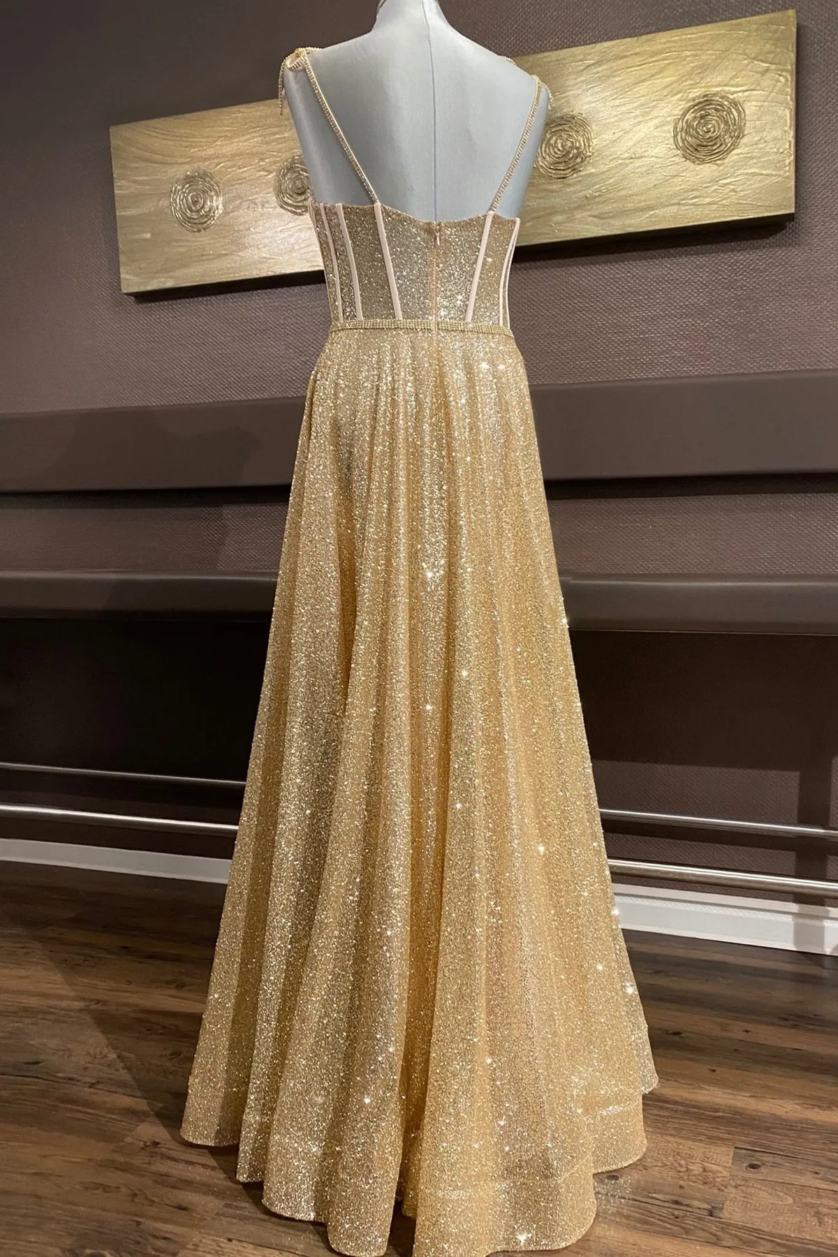 Shiny A Line Spaghetti Straps Gold Prom Dresses Long, Sweetheart Neck Golden Formal Dresses, Gold Tulle Evening Dresses WT1856