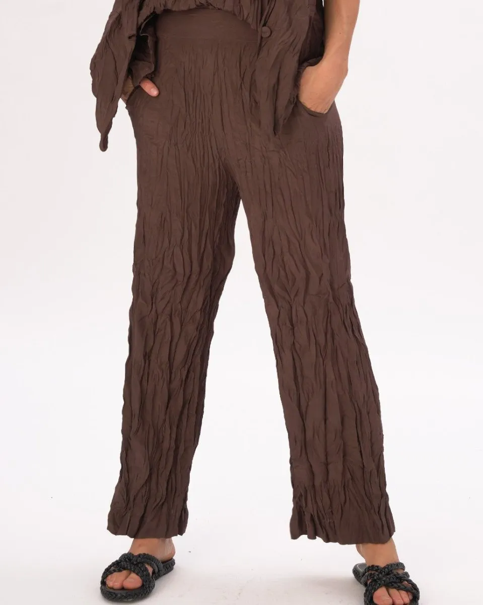 Silky Elastic Waist Crinkled Pleated Pants