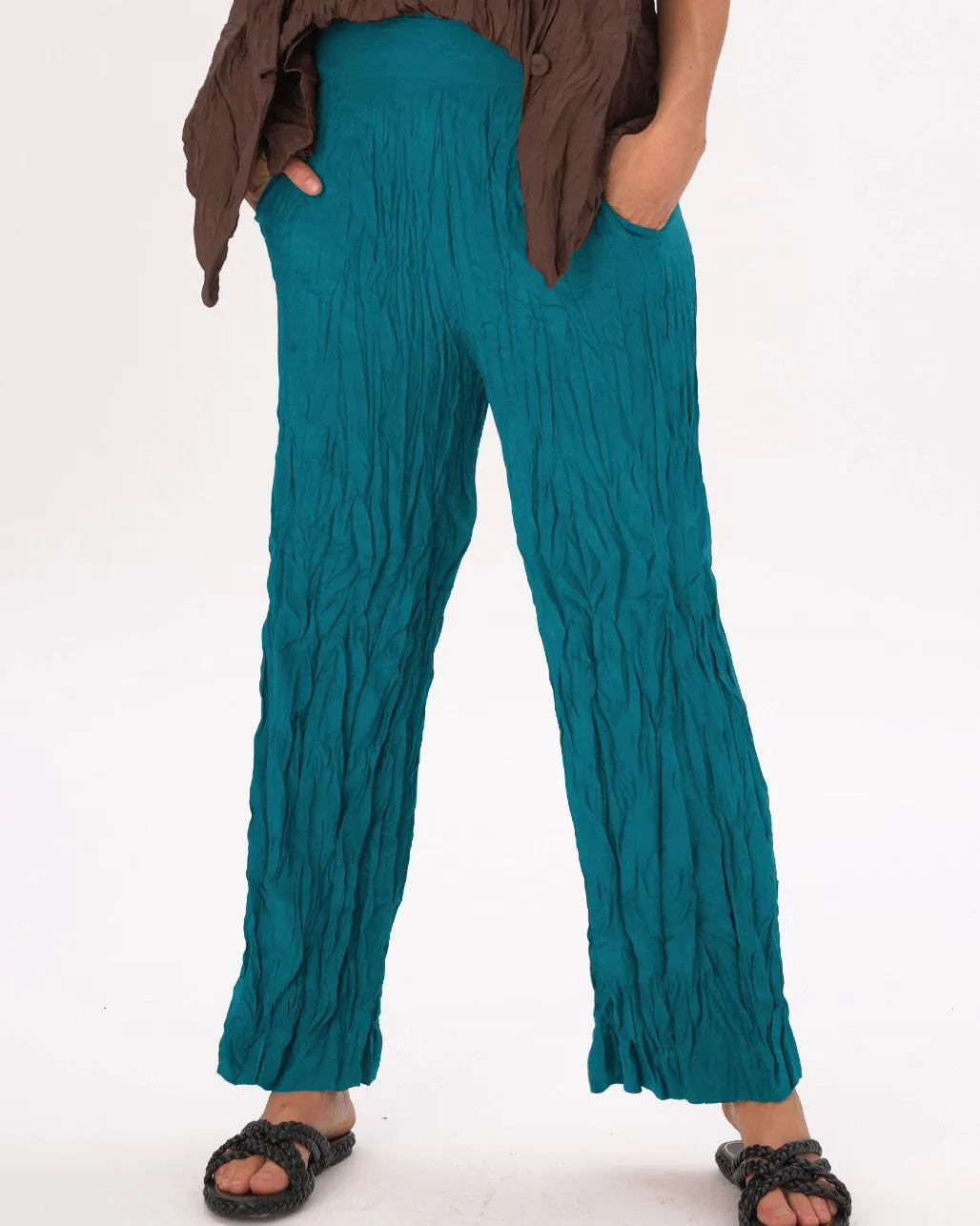 Silky Elastic Waist Crinkled Pleated Pants