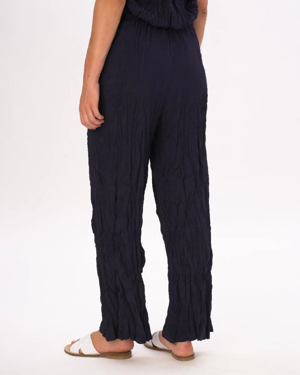 Silky Elastic Waist Crinkled Pleated Pants