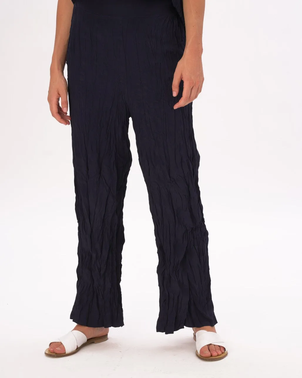 Silky Elastic Waist Crinkled Pleated Pants