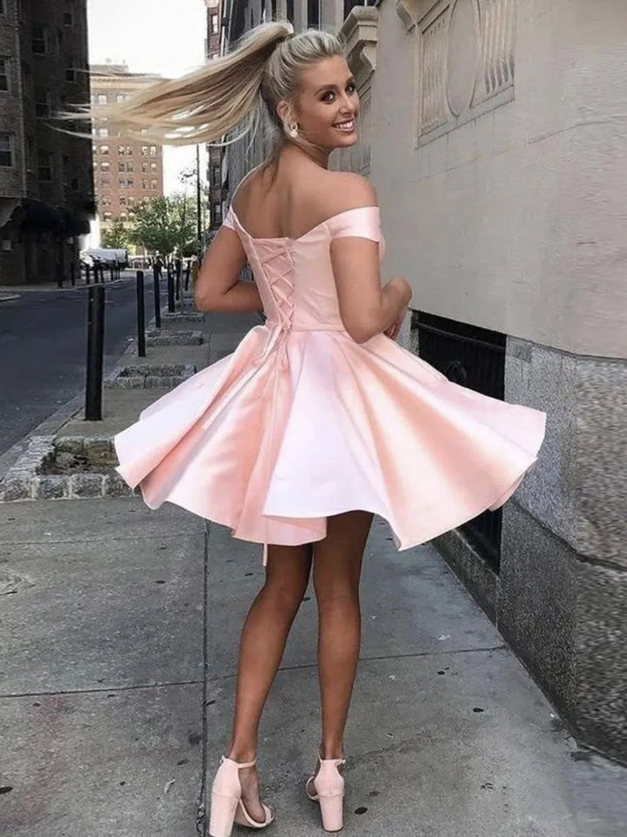 Simple Off Shoulder Pink Short Prom, Off Shoulder Pink Formal Graduation Homecoming