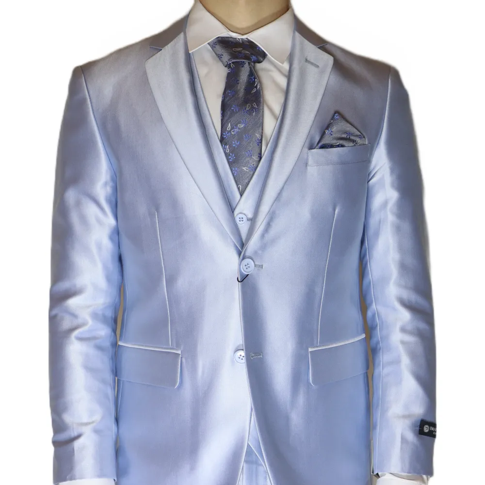 Sky Blue Avanti Milano Shark Skin Notch Lapel Three Piece Suit