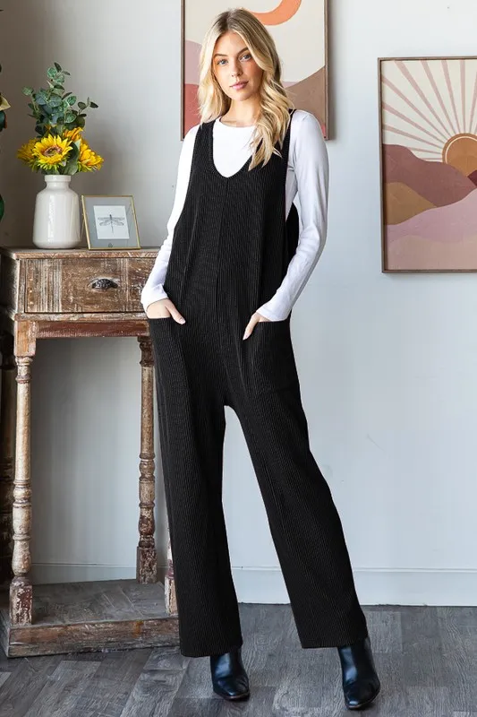 Sleeveless Solid Urban Ribbed Jumpsuits BLACK