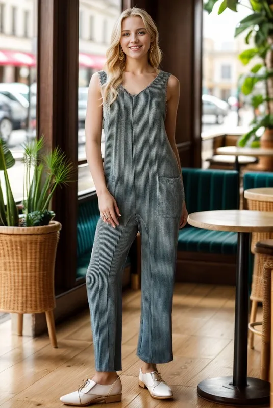 Sleeveless Solid Urban Ribbed Jumpsuits BLACK