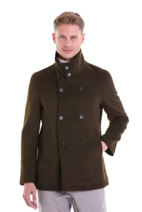 Slim Fit Double Breasted Khaki Wool Blend Coat