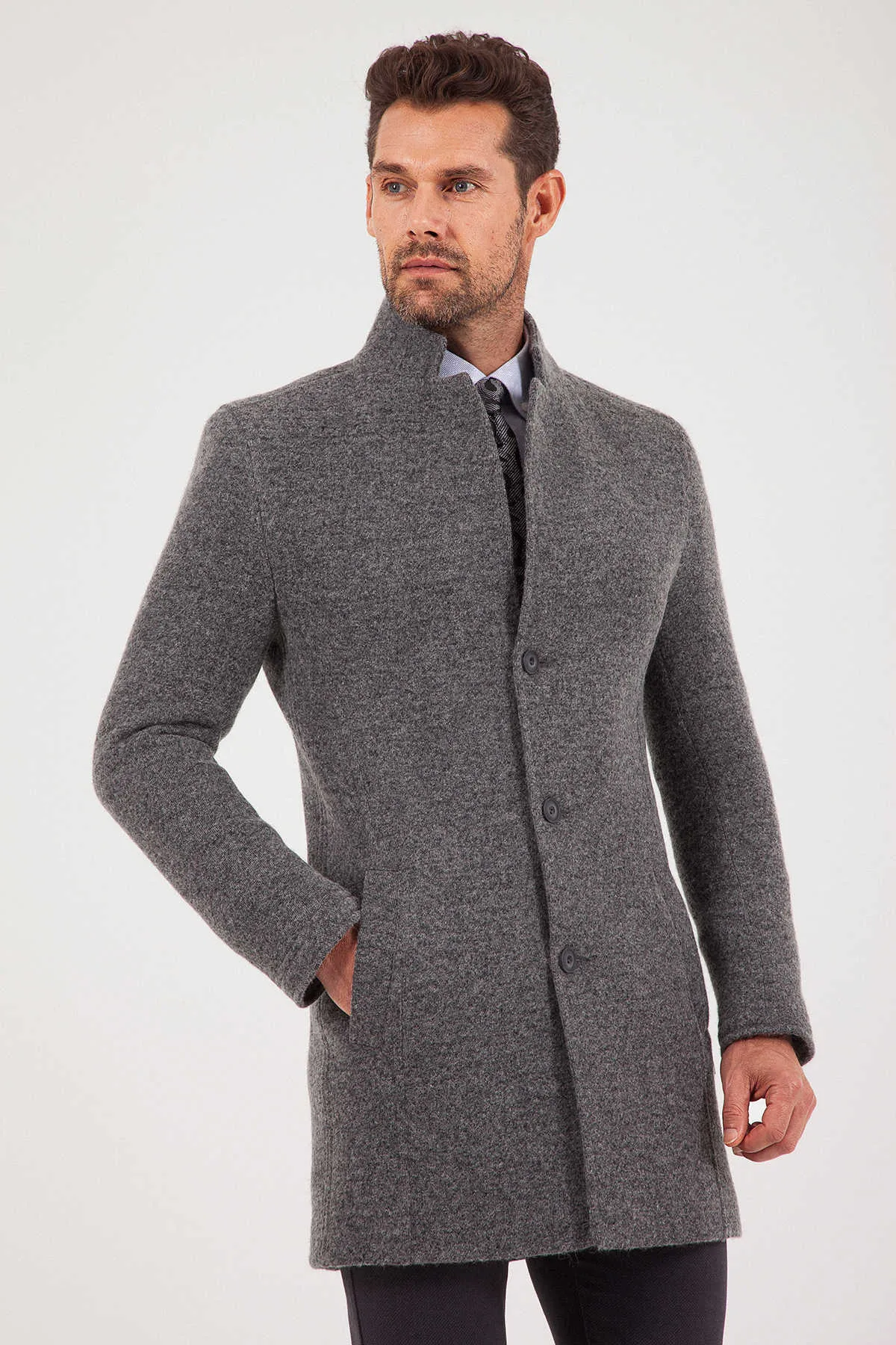 Slim Fit Notch Lapel Felt Wool Dark Gray Overcoat, Dark Gray