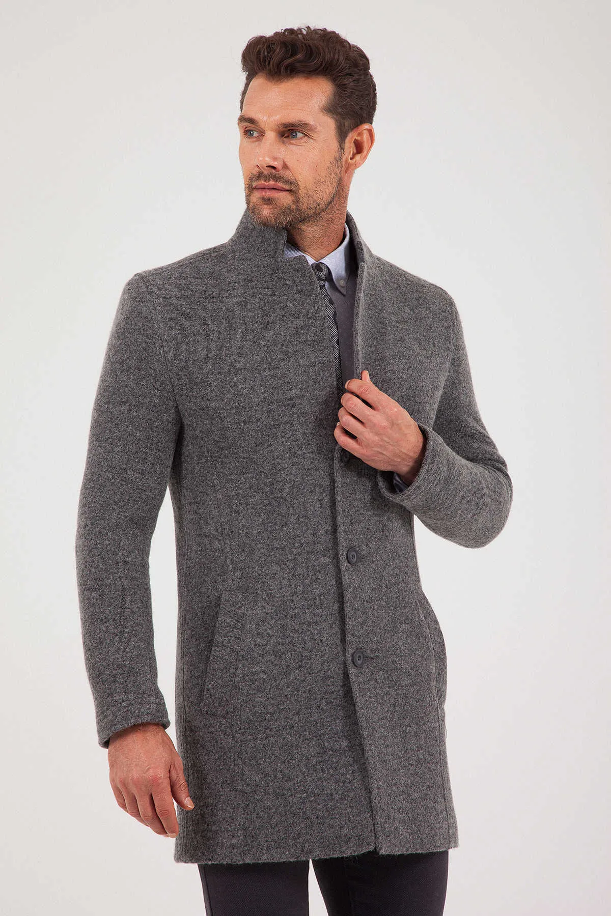 Slim Fit Notch Lapel Felt Wool Dark Gray Overcoat, Dark Gray