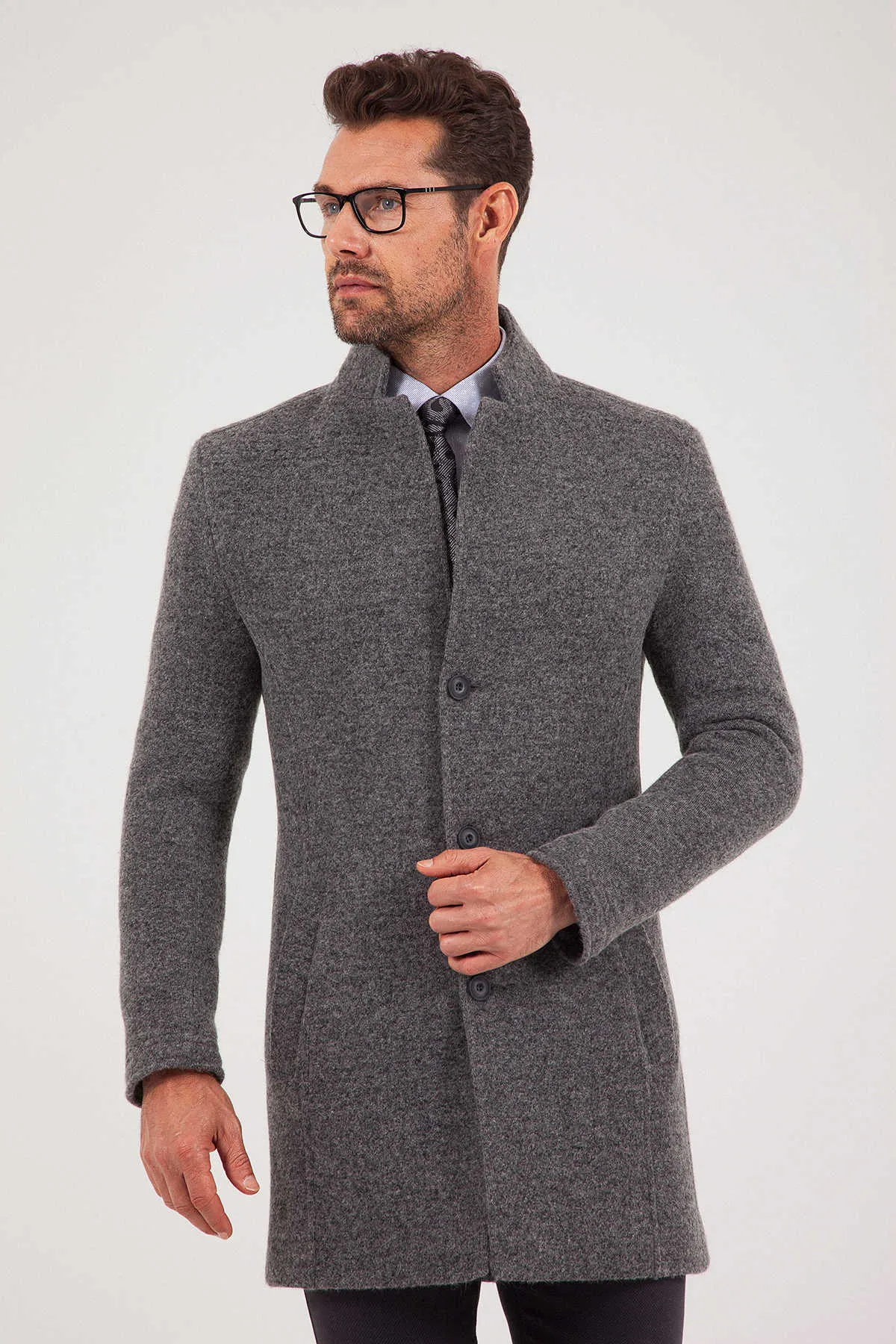 Slim Fit Notch Lapel Felt Wool Dark Gray Overcoat, Dark Gray