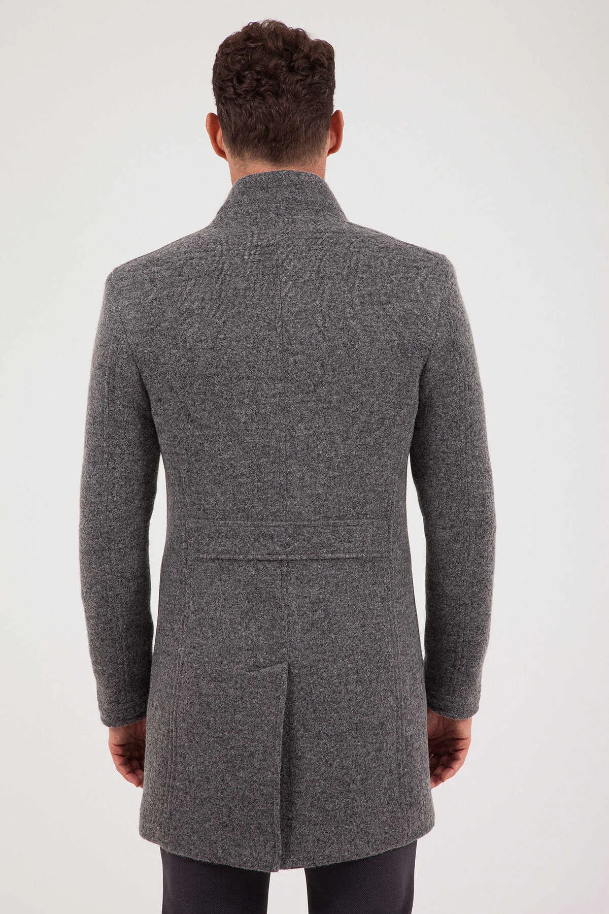 Slim Fit Notch Lapel Felt Wool Dark Gray Overcoat, Dark Gray