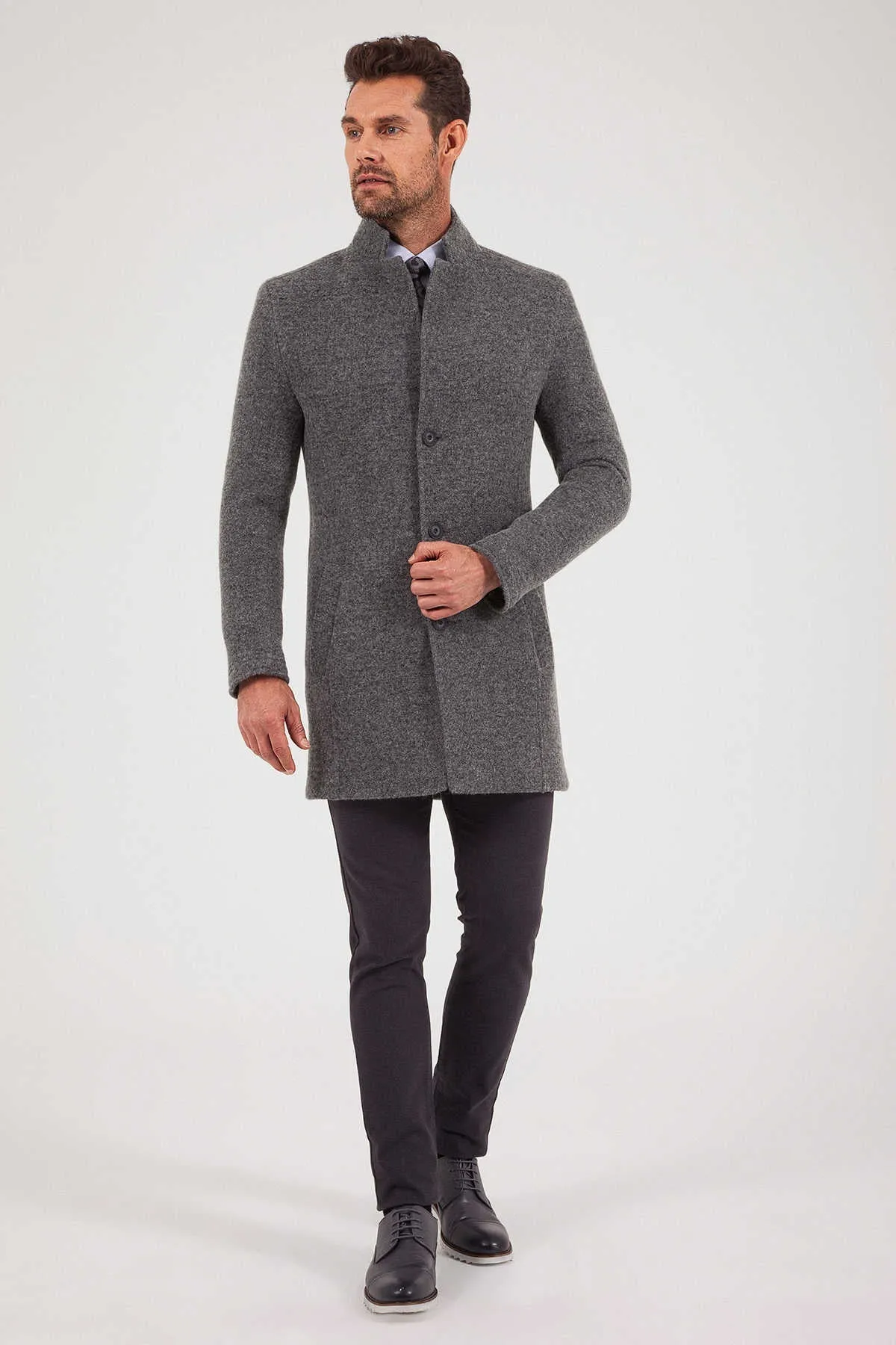 Slim Fit Notch Lapel Felt Wool Dark Gray Overcoat, Dark Gray