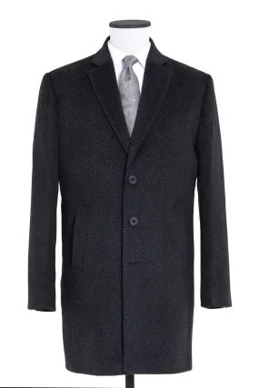 Slim Fit Notch Lapel Heathered Navy Wool Blend Overcoat