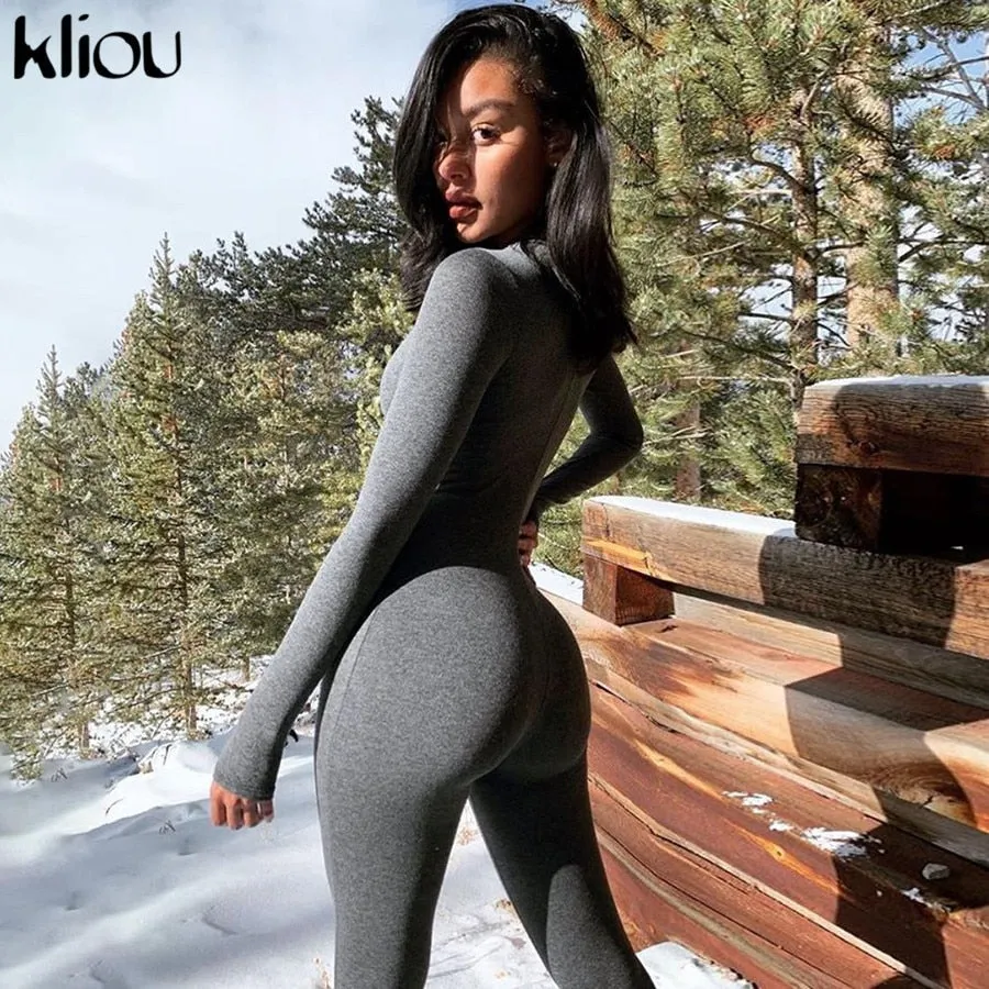 Solid black/gray long sleeve skiing  jumpsuit women elastic hight outfit fashion fitness sportwear slim rompers streetwear