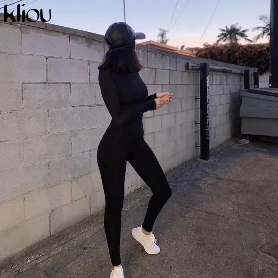 Solid black/gray long sleeve skiing  jumpsuit women elastic hight outfit fashion fitness sportwear slim rompers streetwear