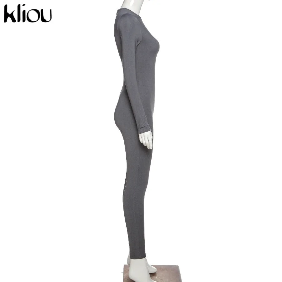 Solid black/gray long sleeve skiing  jumpsuit women elastic hight outfit fashion fitness sportwear slim rompers streetwear