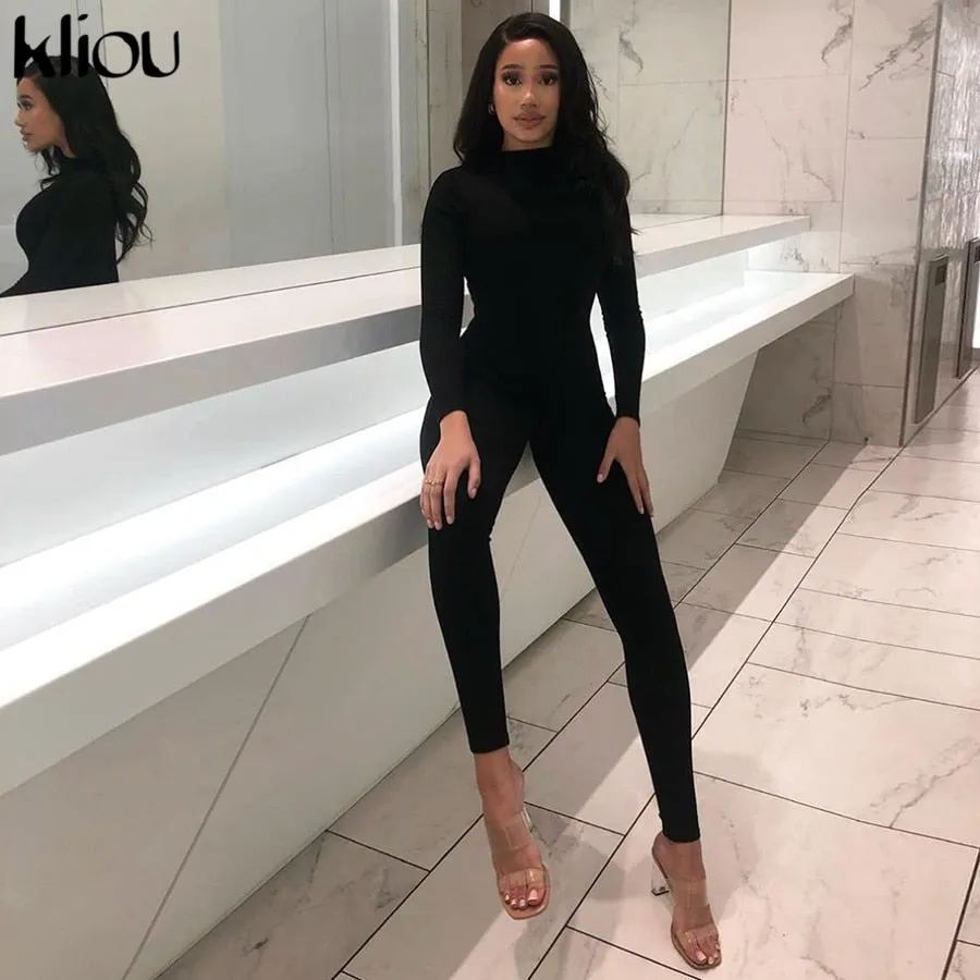 Solid black/gray long sleeve skiing  jumpsuit women elastic hight outfit fashion fitness sportwear slim rompers streetwear