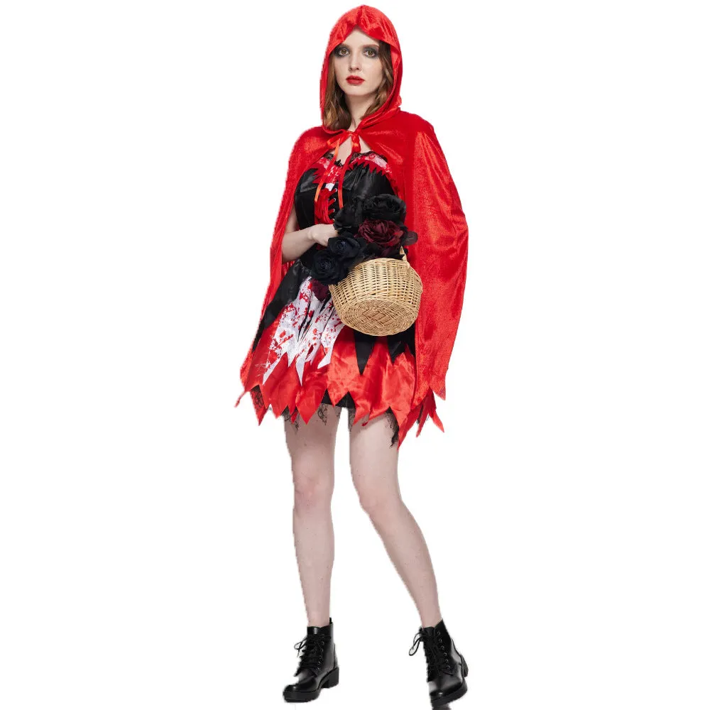 Spot Halloween New Classic Little Red Riding Hood Cosplay Clothes Bloodstain Horror Performance Costumes Witch Suit Dress