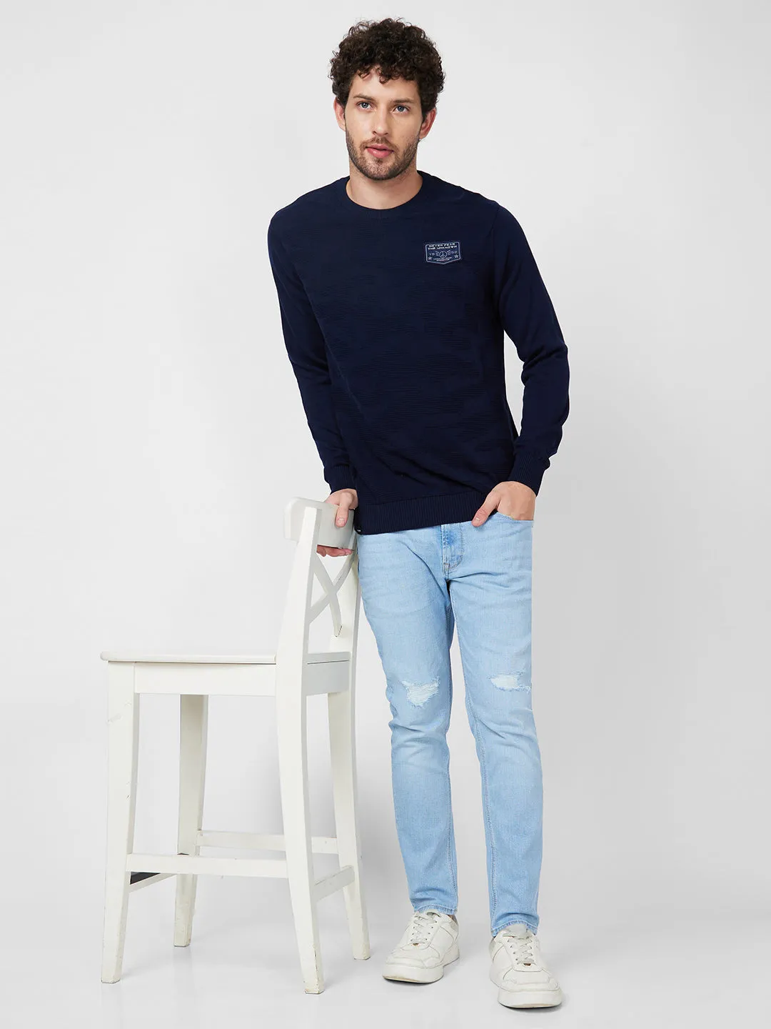 Spykar Full Sleeve Round Neck Blue Cotton Sweater For Men