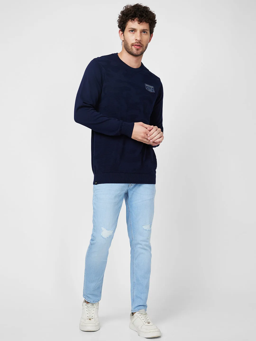 Spykar Full Sleeve Round Neck Blue Cotton Sweater For Men