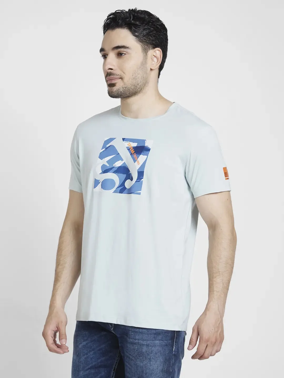 Spykar Men Ash Blue Cotton Slim Fit Printed Round Neck Tshirt