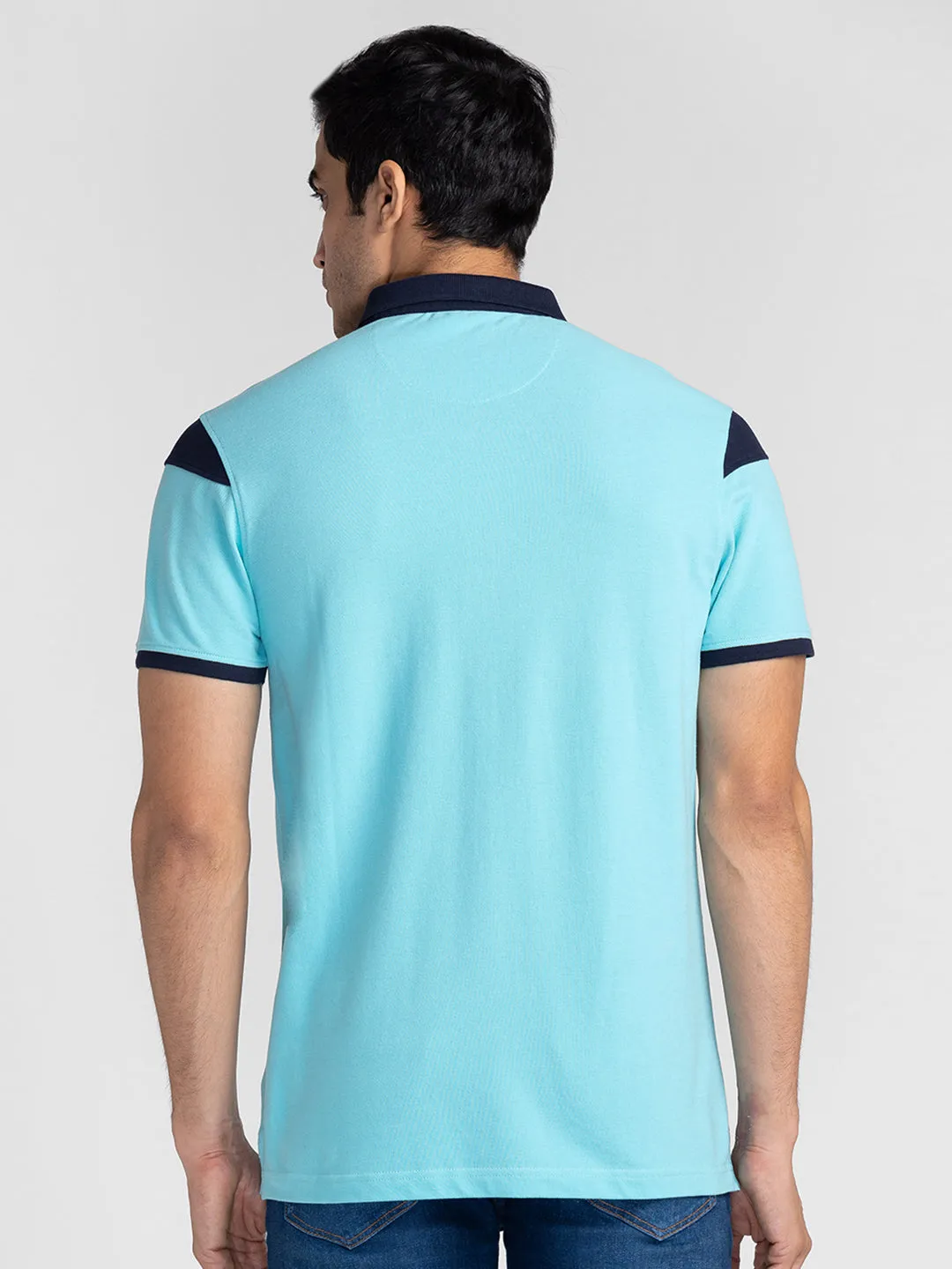 Spykar Men Cool Blue Cotton Slim Fit Polo Printed T-Shirt