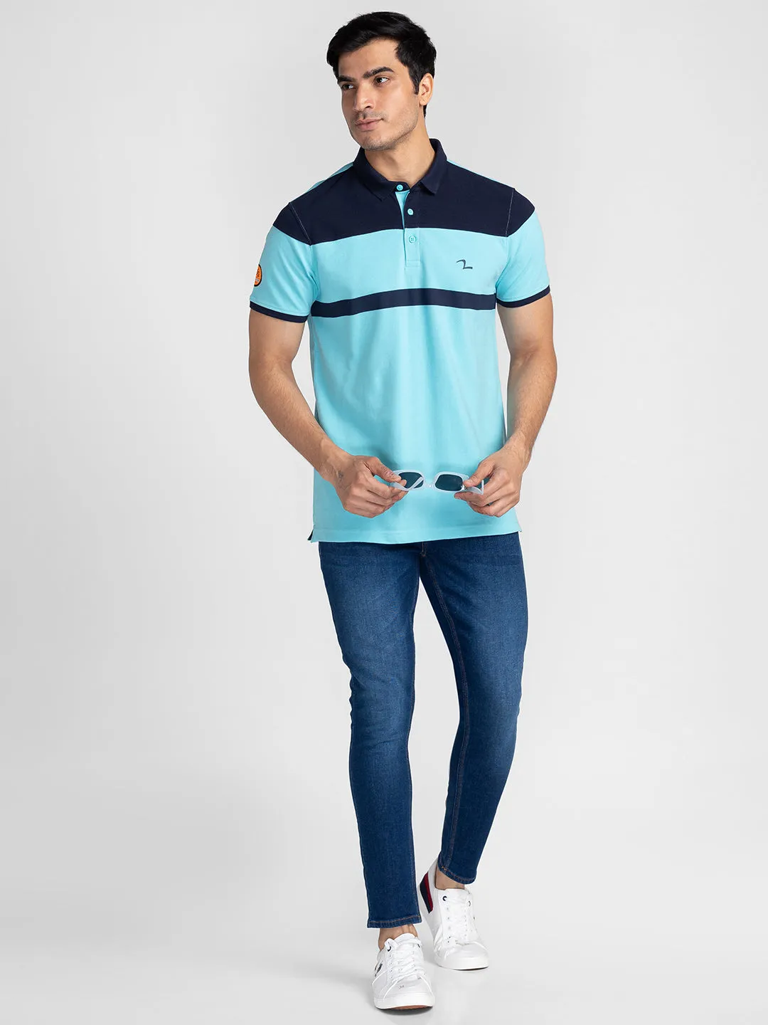 Spykar Men Cool Blue Cotton Slim Fit Polo Printed T-Shirt