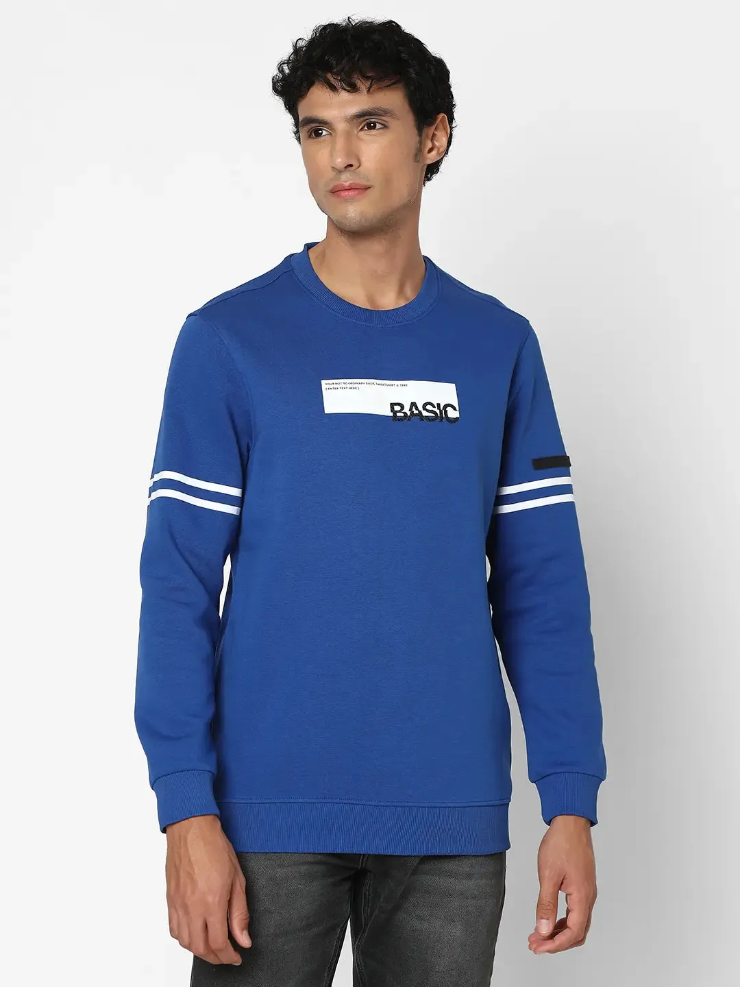 Spykar Men Electric Blue Blended Slim Fit Full Sleeve Round Neck Printed Casual Sweatshirt