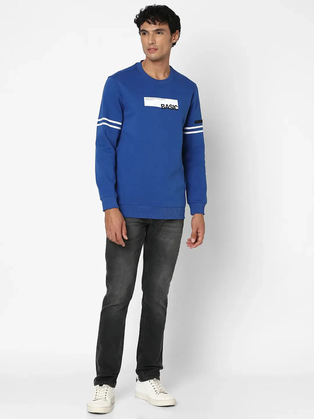 Spykar Men Electric Blue Blended Slim Fit Full Sleeve Round Neck Printed Casual Sweatshirt