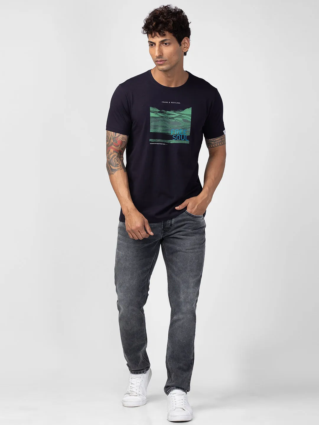 Spykar Men Navy Blue Cotton Regular Fit Half Sleeve Printed T-Shirt