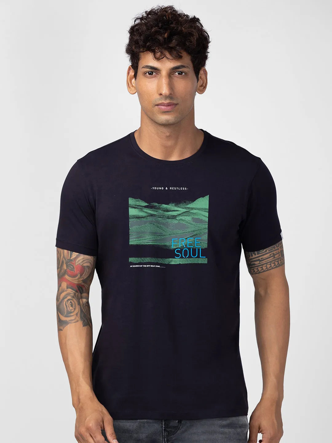 Spykar Men Navy Blue Cotton Regular Fit Half Sleeve Printed T-Shirt