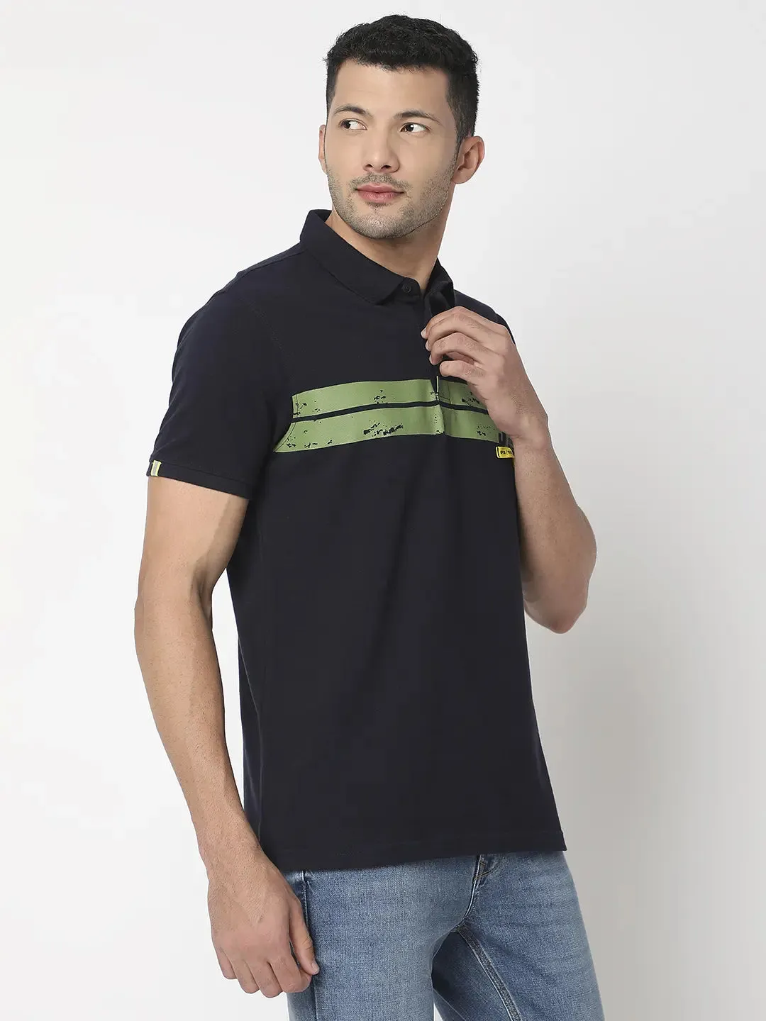 Spykar Men Navy Blue Cotton Regular Fit Plain Polo Tshirt