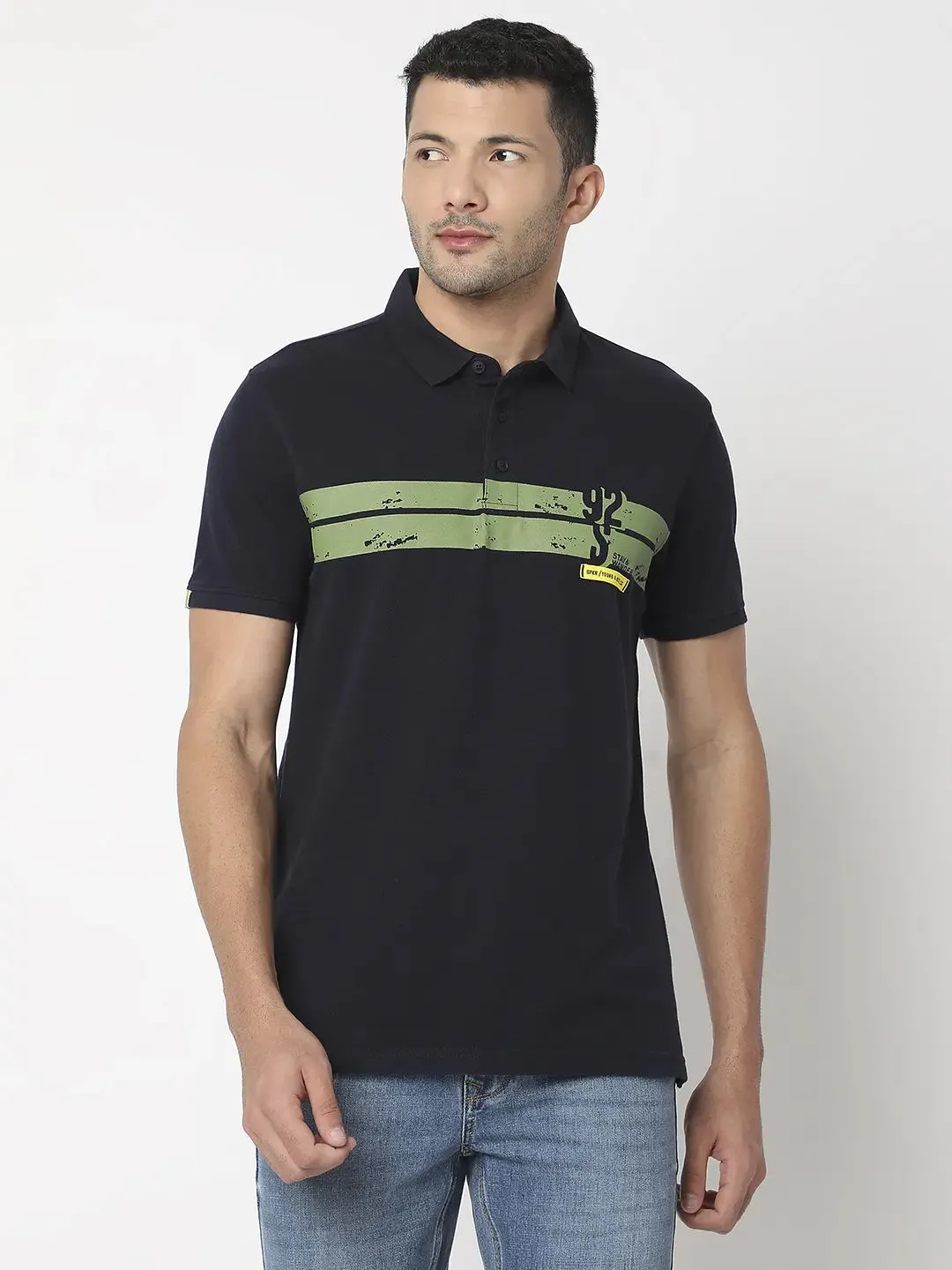 Spykar Men Navy Blue Cotton Regular Fit Plain Polo Tshirt