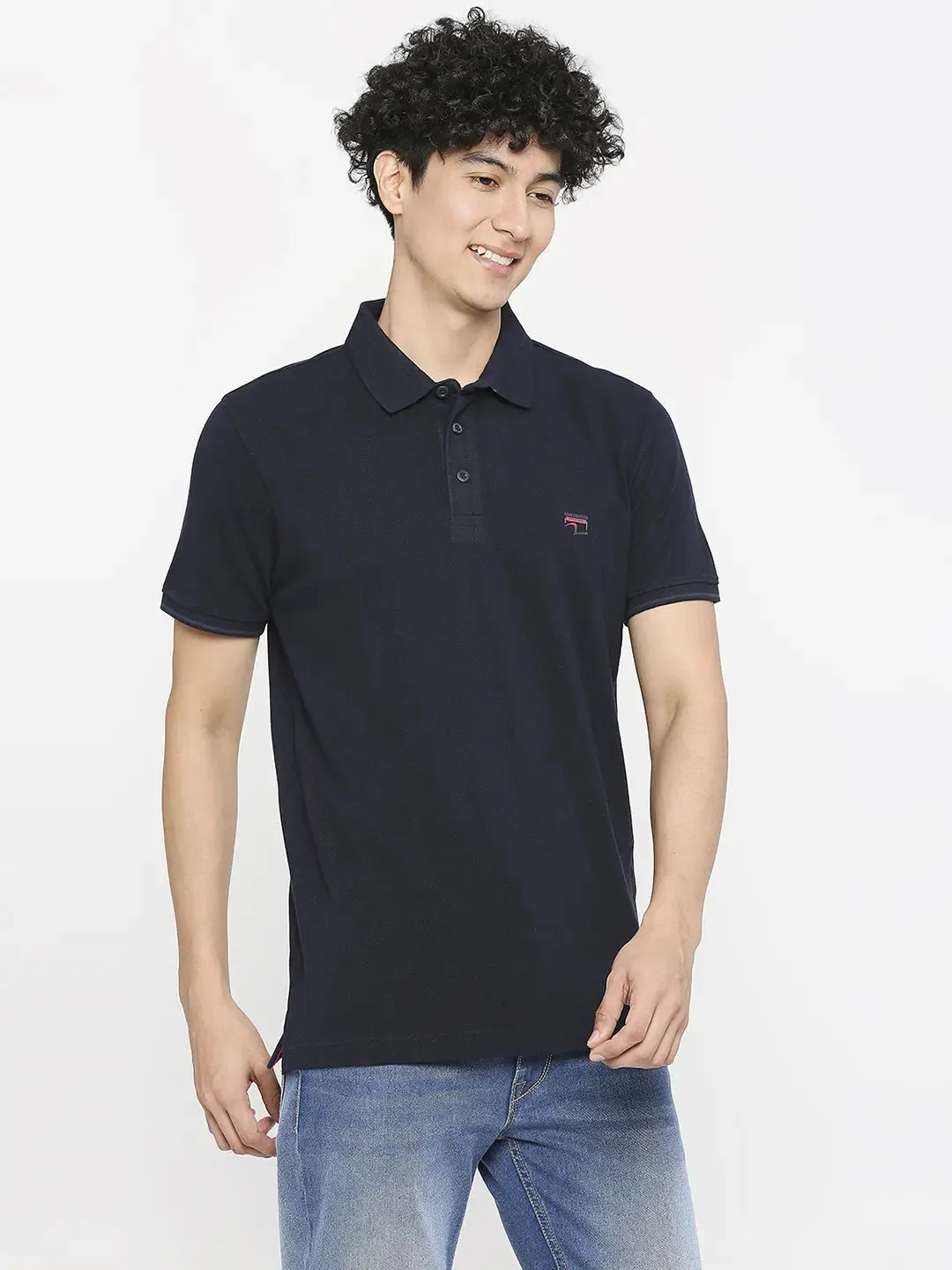 Spykar Men Navy Blue Cotton Slim Fit Plain Polo Neck Tshirt