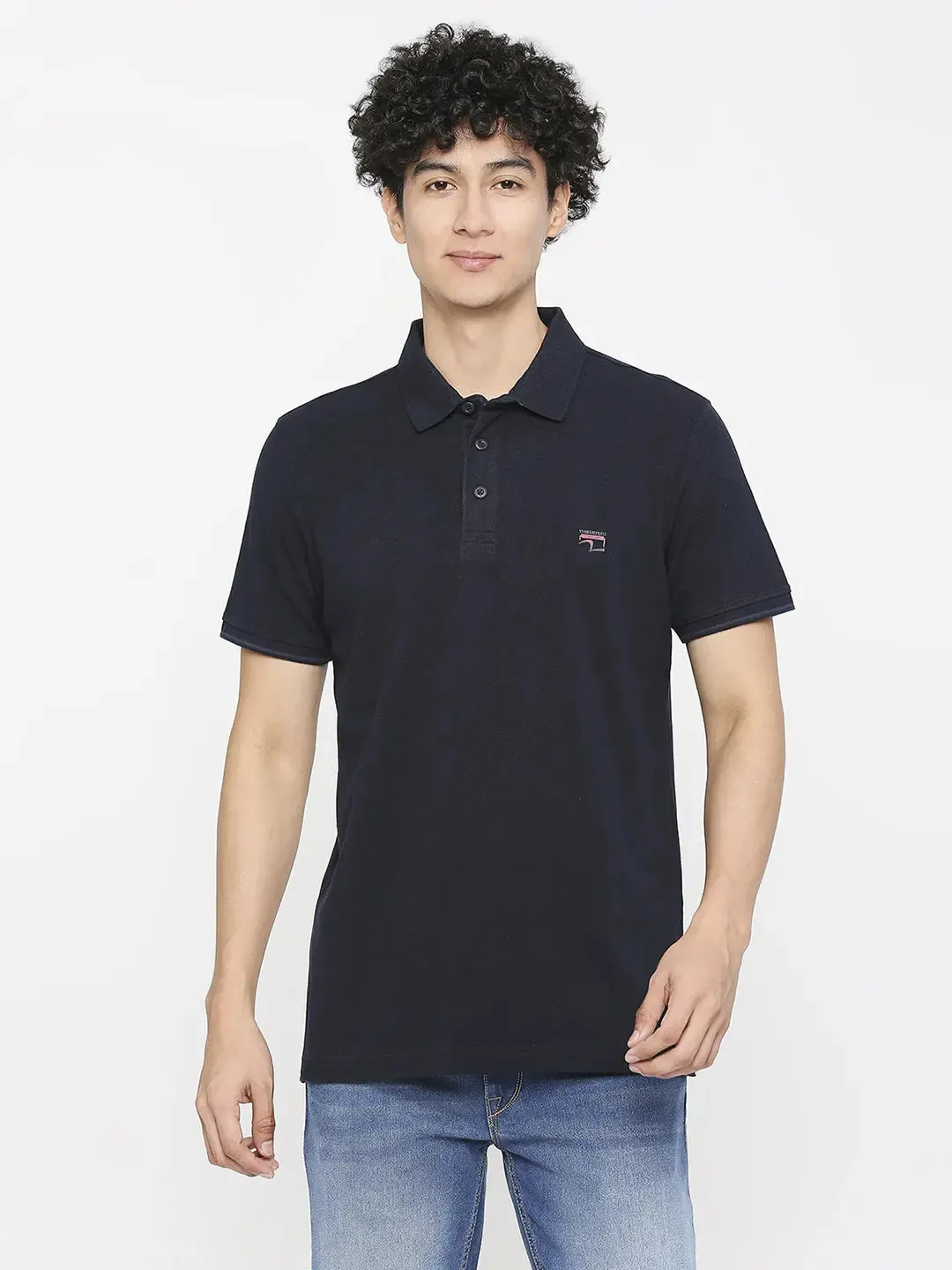 Spykar Men Navy Blue Cotton Slim Fit Plain Polo Neck Tshirt