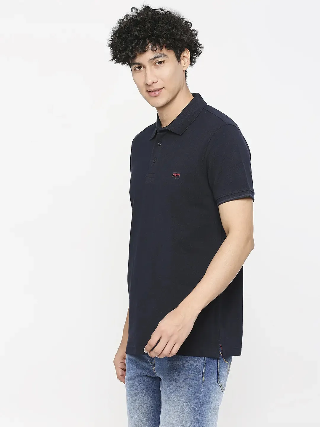 Spykar Men Navy Blue Cotton Slim Fit Plain Polo Neck Tshirt