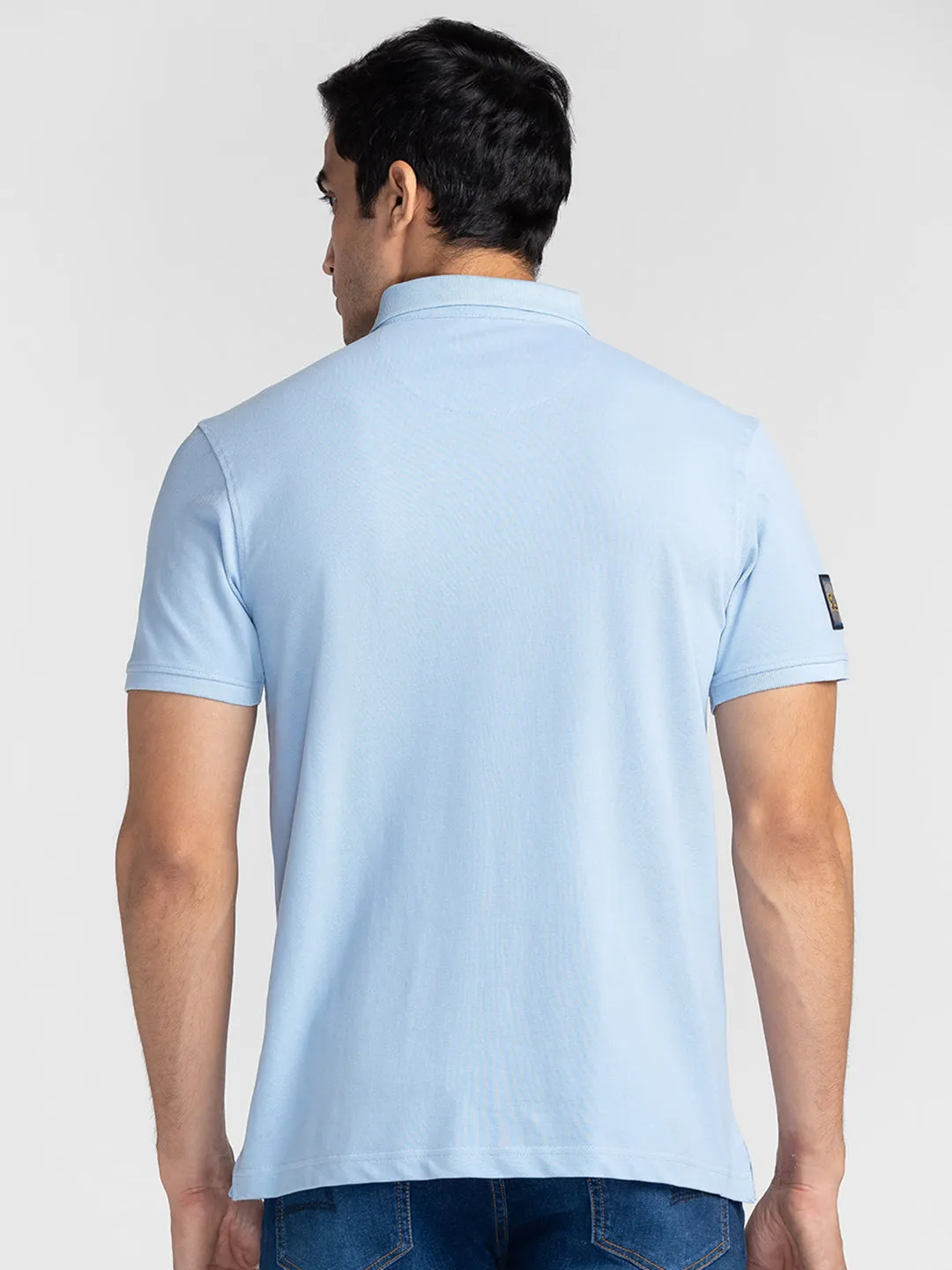 Spykar Men Sky Blue Cotton Slim Fit Polo Printed T-Shirt