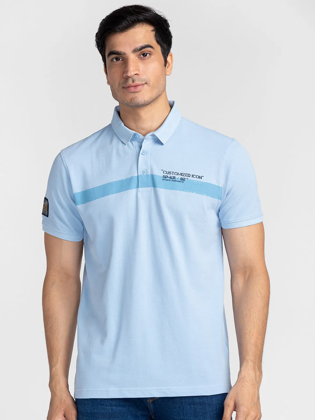 Spykar Men Sky Blue Cotton Slim Fit Polo Printed T-Shirt