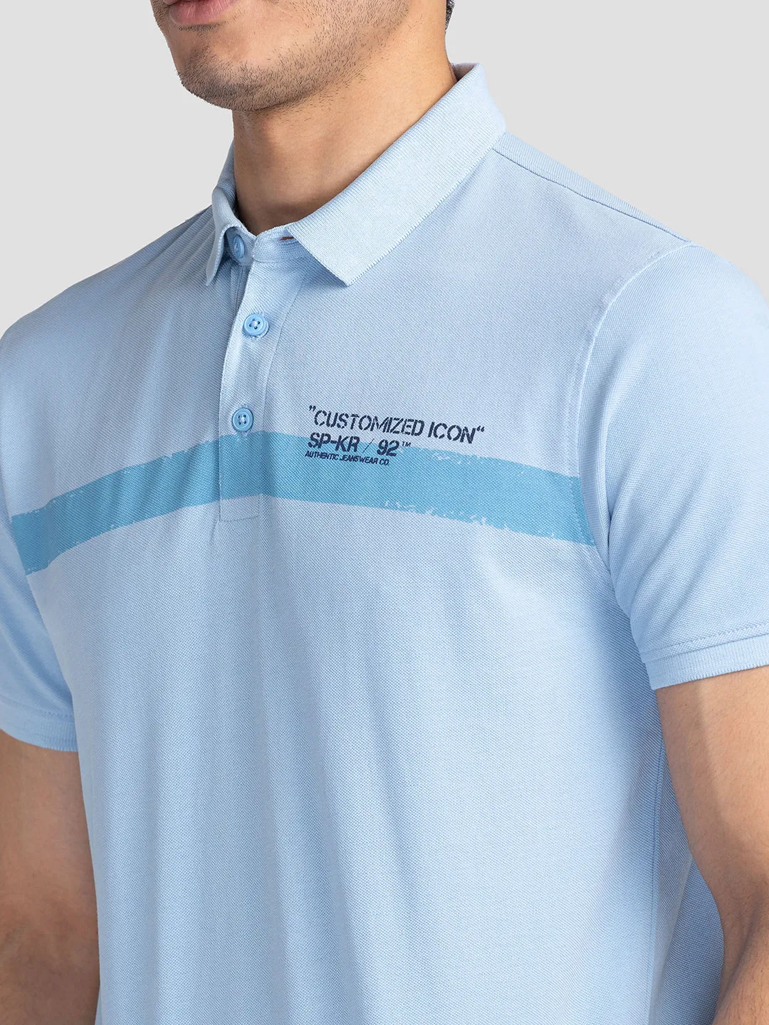 Spykar Men Sky Blue Cotton Slim Fit Polo Printed T-Shirt