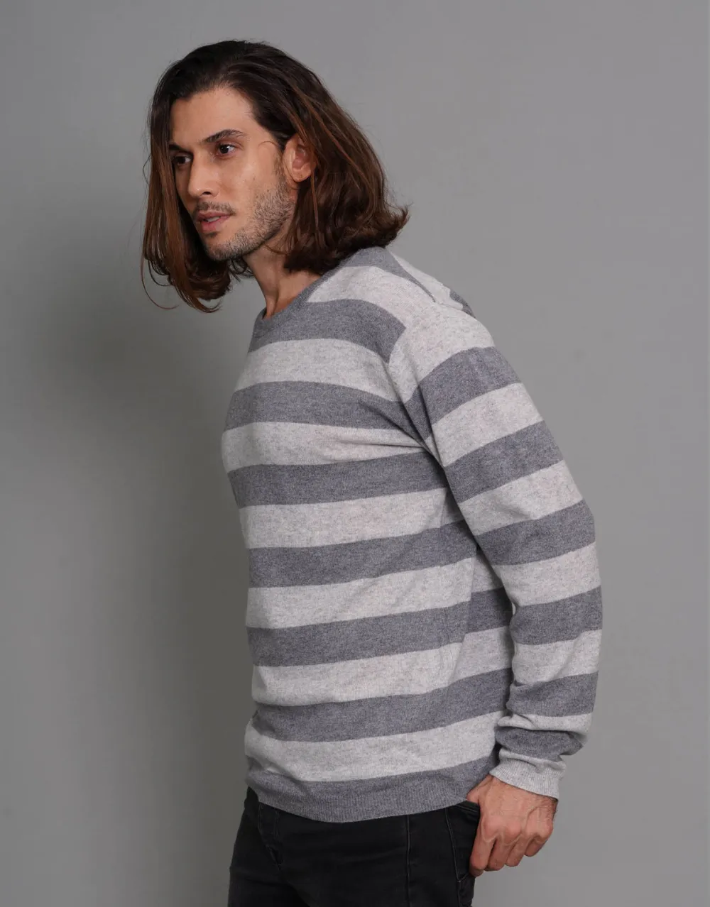 Stripey Men's Round Neck Pullover in Derby