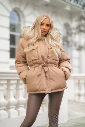 Tan Drawstring Luxury Fur Padded Belted Coat