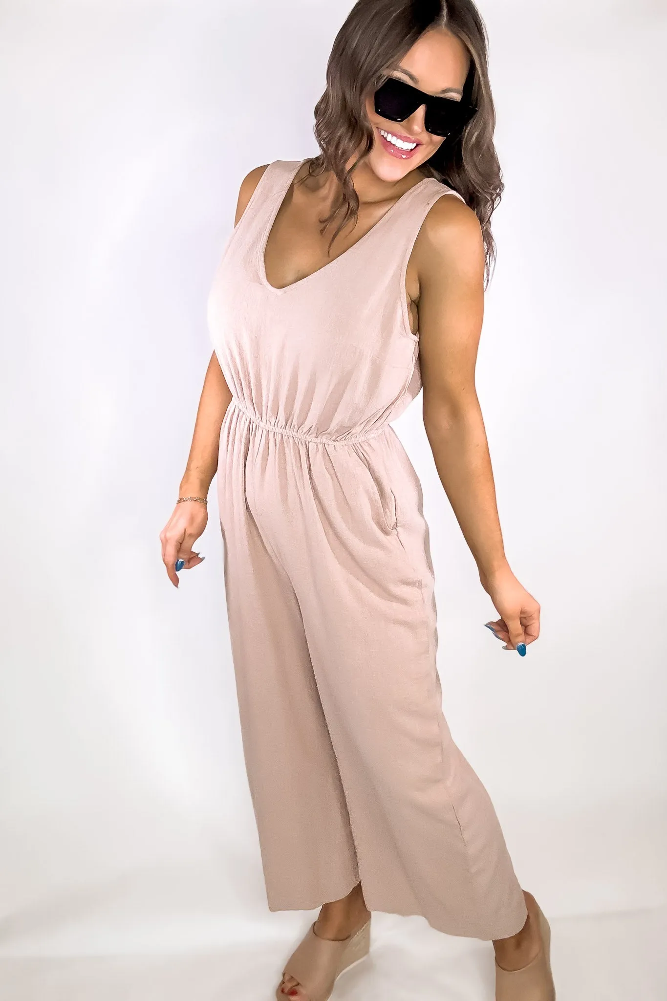 Tan Sleeveless Linen Jumpsuit