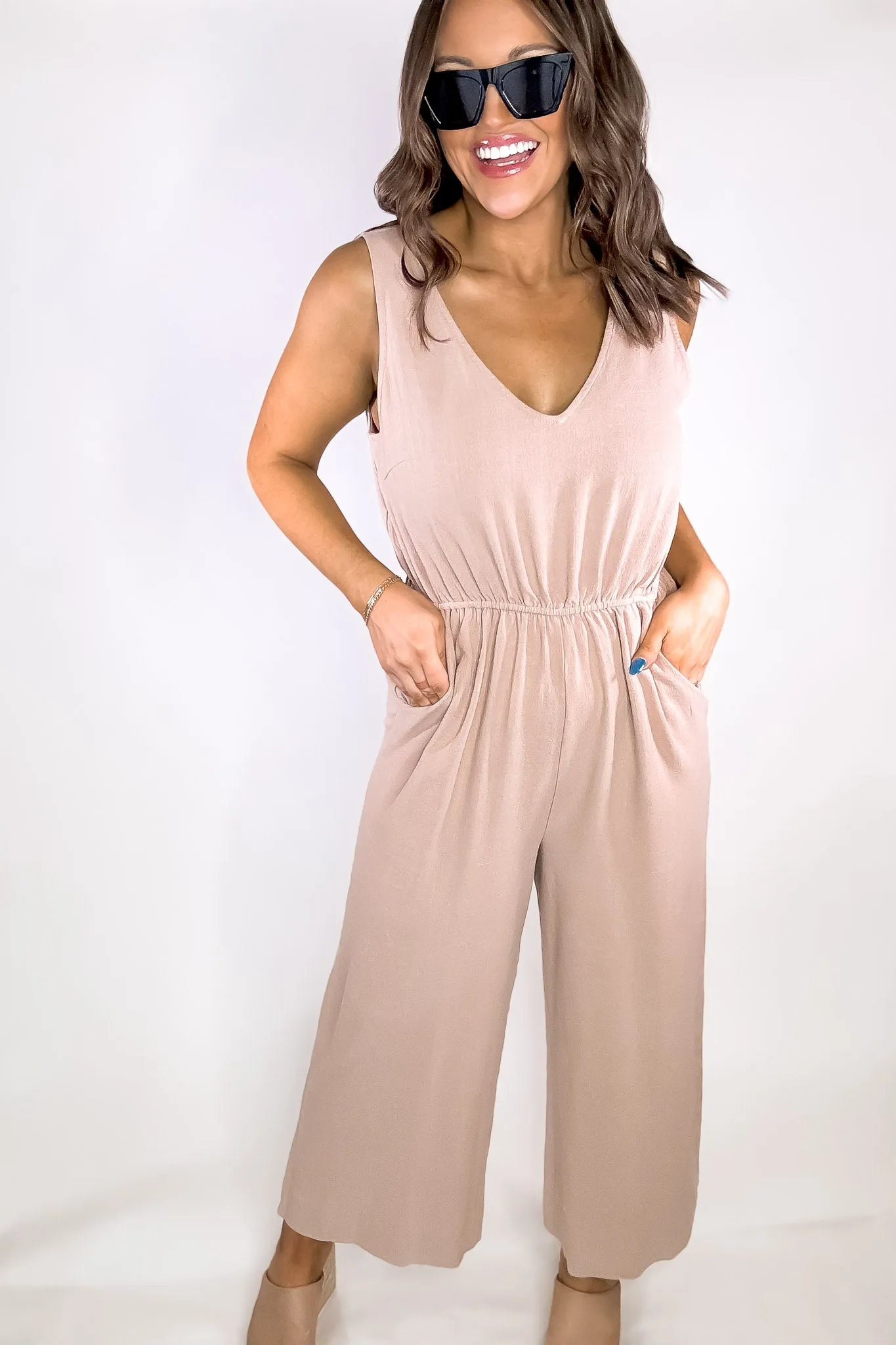 Tan Sleeveless Linen Jumpsuit