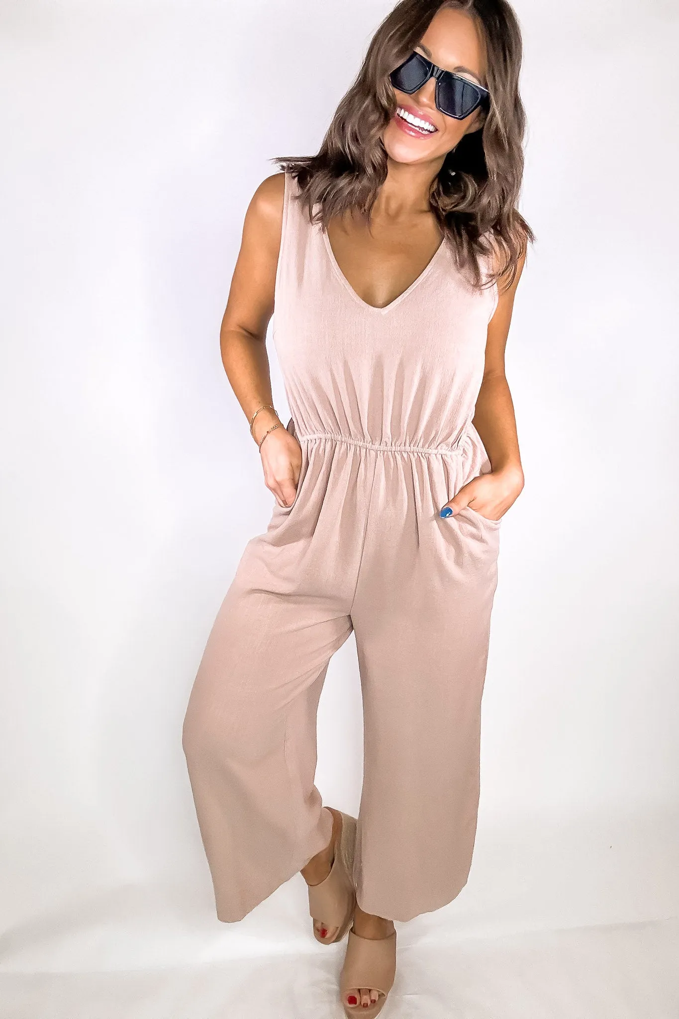 Tan Sleeveless Linen Jumpsuit