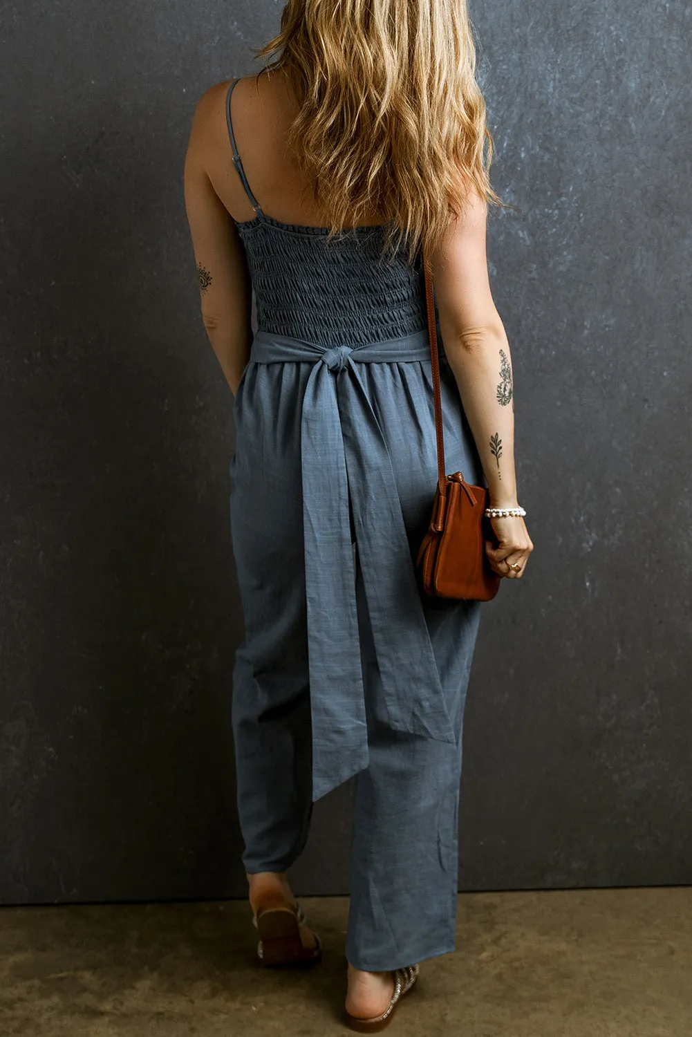 Tied Smocked Wide Leg Jumpsuit