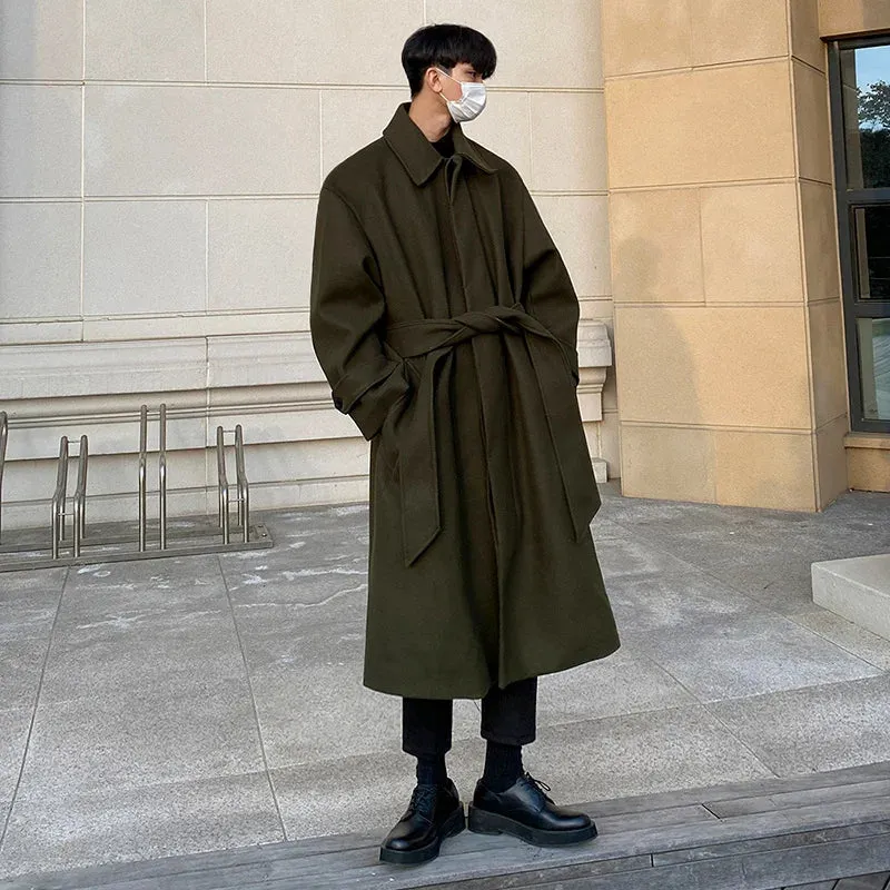 Tweed Overcoat Men's Autumn Winter Long Coat Loose Knee-length Korean British Thickened Belted Woolen Jacket D1221