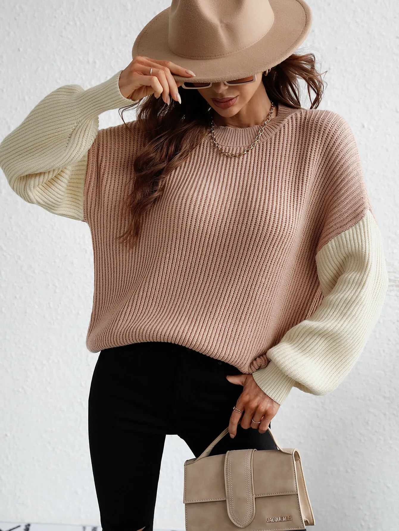 Two-Tone Rib-Knit Dropped Shoulder Sweater