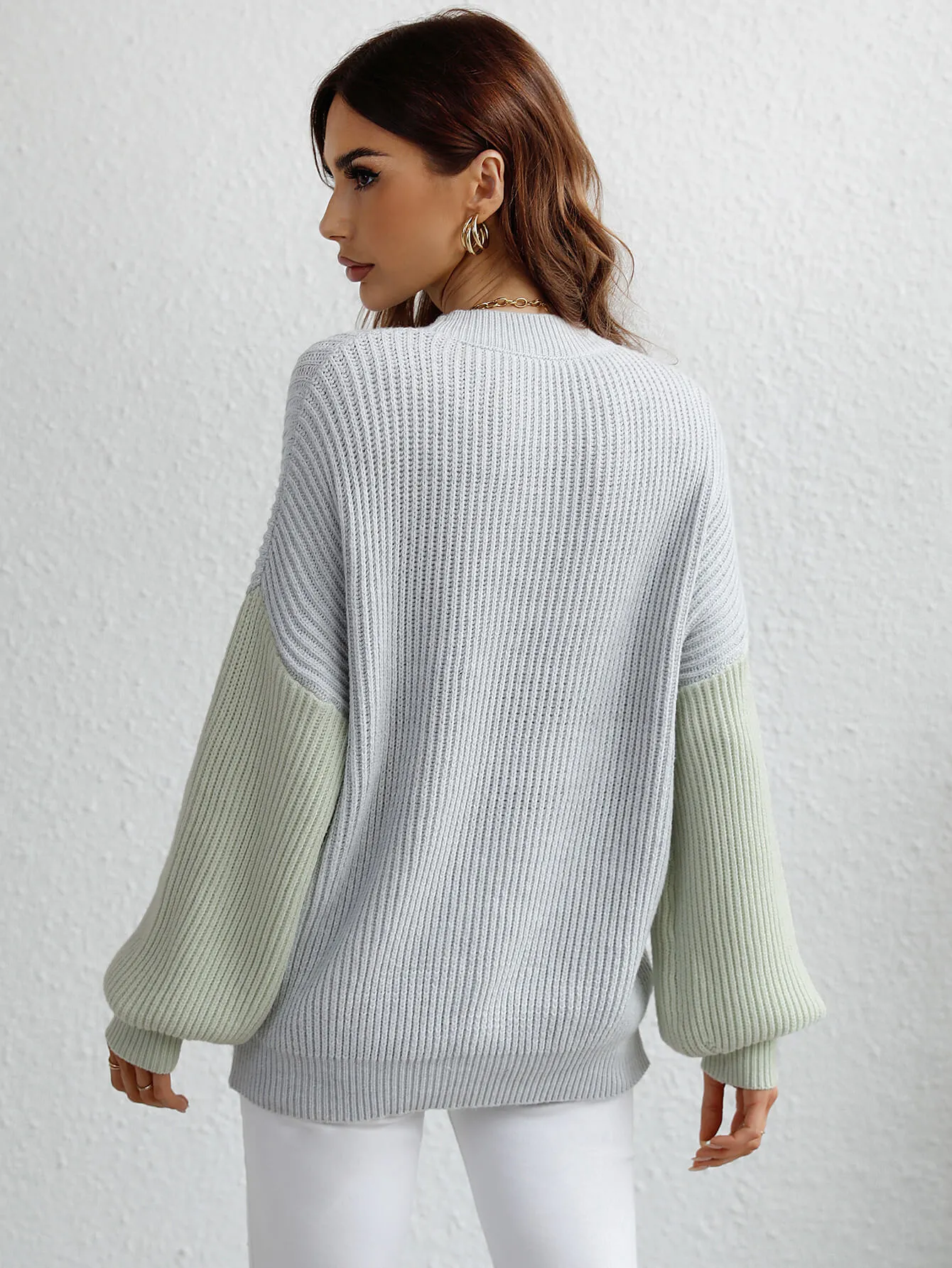 Two-Tone Rib-Knit Dropped Shoulder Sweater