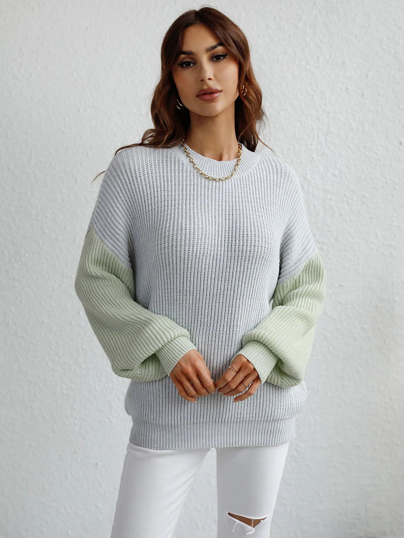 Two-Tone Rib-Knit Dropped Shoulder Sweater